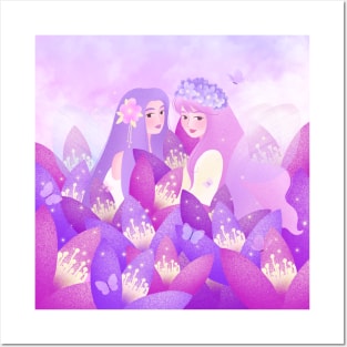 Beautiful fairies with pink flowers and butterflies Posters and Art